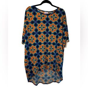 LuLaRoe Irma top, blue/orange/yellow, size medium